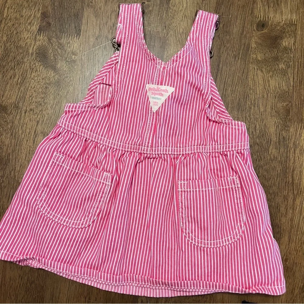 OshKosh B’gosh Pink Striped Baby Overall Dress Embroidered Hearts 9-12 Months